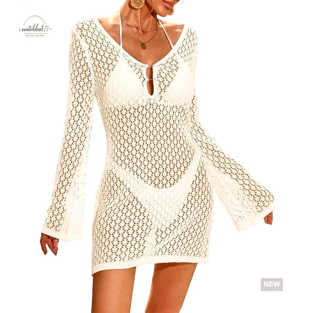 Crochet Mesh Cover Up Mini Dress V Neck Pearl Embellishment Beach Resort